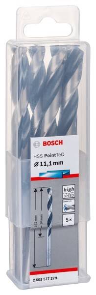 Bosch-Bohrersatz, gekennzeichnet als 'HSS PointTeQ Ø 11,1 mm', entwickelt für hochpräzises und langlebiges Bohren mit hoher Geschwindigkeit.