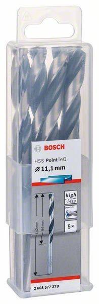 Ein Set von Bosch HSS PointTeQ Bohrern in Verpackung, gekennzeichnet mit ‚Ø 11,1 mm' und ‚Hochgeschwindigkeitsstahl'.