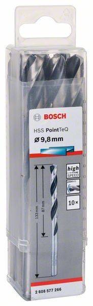Bosch-Bohrerspitze zeigt 'HSS PointTeQ' auf der Verpackung, mit einem Durchmesser von 9,8 mm. Das Bild zeigt Pfeile, die Hochgeschwindigkeit und Präzision andeuten.