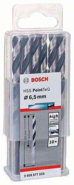 Ein Paket mit Bosch HSS PointTeQ Bohrern, beschriftet mit 6,5 mm, mit Hochgeschwindigkeitseigenschaften.