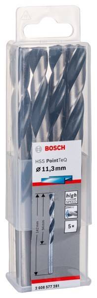 Ein Paket von Bosch HSS PointTeQ Bohrern, beschriftet mit ‚Ø 11,3mm', das einen Nahaufnahme der Bohrer zeigt, die für eine verbesserte Bohreffizienz entwickelt wurden.