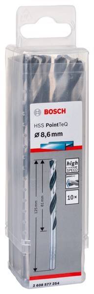 Eine Bosch HSS PointTeQ Bohrerspitze mit einem Durchmesser von 8,6 mm, dargestellt mit technischen Illustrationen und Leistungssymbolen.