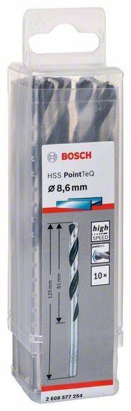Bohrbitpackung mit 'Bosch HSS PointTeQ ø 8,6 mm' aufgedruckt. Mit Anzeigen für hohe Geschwindigkeit und Präzision.