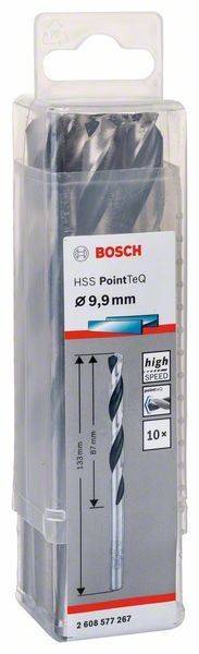 Ein Bosch-Bohrereinsatz mit der Bezeichnung 'HSS PointTeQ Ø 9,9 mm', der das Werkzeugdesign und die Spezifikationen für präzises Bohren präsentiert.