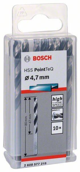 Bosch HSS PointTeQ Bohrer, Durchmesser 4,7 mm, Hochgeschwindigkeit, in Verpackung gezeigt mit visuellen Grafiken, die das präzise Spitzendesign hervorheben.