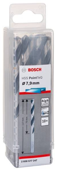 Ein Bosch Bohrerbehälter mit der Aufschrift 'HSS PointTeq Ø 7,9 mm', was auf hohe Geschwindigkeit und Haltbarkeit für effizientes Bohren hinweist.