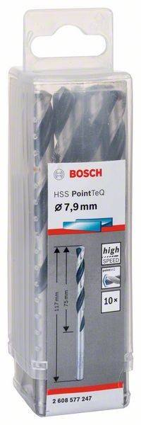 Bosch Bohrbitpackung mit der Aufschrift 'HSS PointTeQ ø 7,9 mm', mit einem Bohrbit-Bild und Geschwindigkeitsanzeige auf weißem Hintergrund.