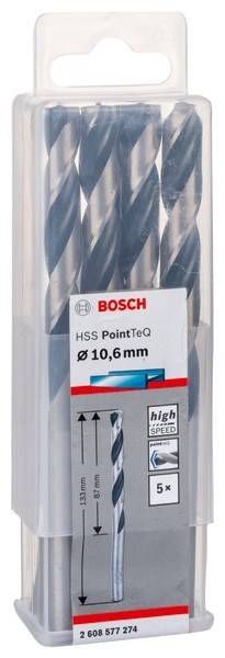 Nahaufnahme eines Bosch HSS-Bohrersatzes mit einem Durchmesser von 10,6 mm, beschriftet mit 'Hochgeschwindigkeit'. Die Bohrer sind metallfarbig und verpackt.