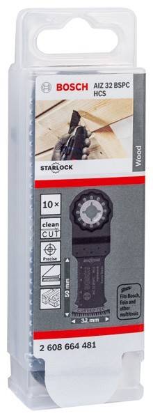 Verpackung für ein Starlock Präzisionsschneidwerkzeug-Sägeblatt, gekennzeichnet für Holz. Enthält 10 Sägeblätter mit Symbolen für ‚sauberen Schnitt' und ‚Präzision'.