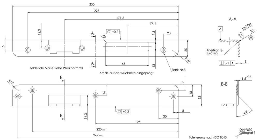 Technische Ingenieurzeichnung eines Metallteils mit Vorder- und Schnittansichten, Bemaßungslinien, Toleranzen und deutschen Anmerkungen.