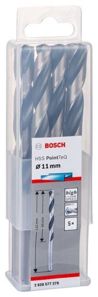 Ein Satz Bosch-Bohrer mit der Bezeichnung 'HSS PointTeQ' mit einem Durchmesser von 11 mm, geeignet für präzises Bohren in Metall und Holz.