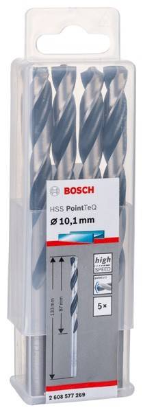 Bohrer-Set-Verpackung mit der Aufschrift 'BOSCH HSS PointTeQ Ø 10,1 mm', ausgestattet mit einem Hochgeschwindigkeitsdesign und einem Bild von drei Bohrern.