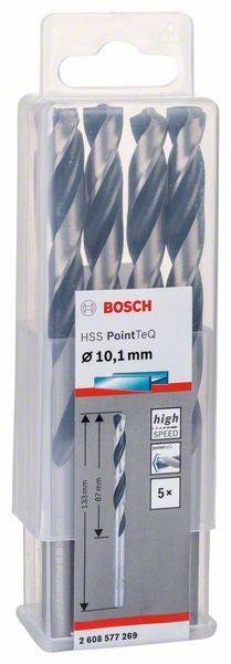 Packung mit Bosch HSS PointTeQ Bohrern, Größe 10,1 mm, mit Hochgeschwindigkeits-Etikett und einer Grafik zur Veranschaulichung der Bohranwendung.