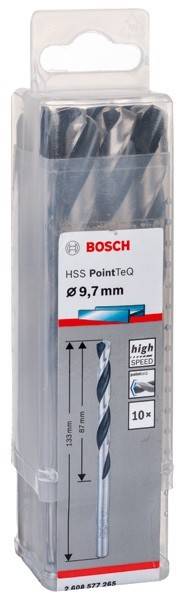 Bosch HSS PointTeQ Bohrer, Durchmesser 9,7 mm, Hochgeschwindigkeit.' Verpackung zeigt ein Design in Blau und Rot mit einem Bild eines Bohrers.