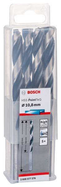 Ein Satz Bosch HSS PointTeQ Bohrer, mit einem Durchmesser von 10,8 mm beschriftet, in einer transparenten Plastikbox.