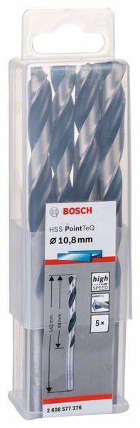 Packung mit Bosch HSS PointTeQ Bohrern, 10,8 mm Größe, mit Hochgeschwindigkeitsstahl-Design zum Bohren in Metall.
