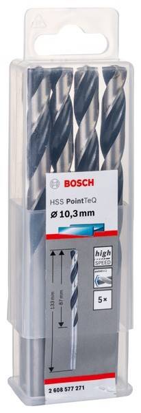 Bosch HSS PointTeQ 10,3 mm Bohrer in Plastikbox, gekennzeichnet für Schnellarbeitsstahl.