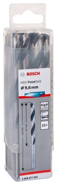 Ein Bosch HSS PointTeq Bohrer, 9,6 mm Durchmesser, in Verpackung. Mit Hochgeschwindigkeitseigenschaften, geeignet zum Bohren von Metall und Kunststoff.