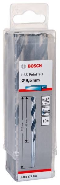 Bosch HSS PointTeQ Bohrer-Packung, 9,5 mm Größe, hebt schnelles Bohren und reduzierte Wärmeentwicklung mit Produktabbildung hervor.
