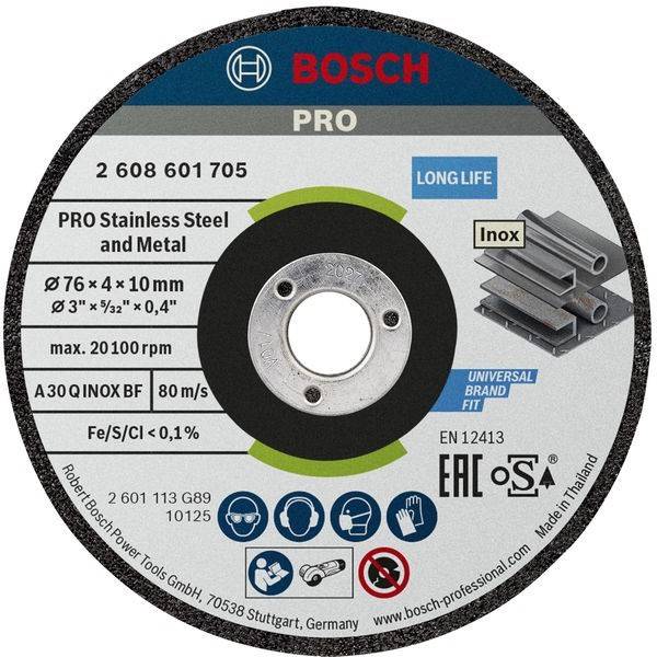 Bosch Pro Edelstahl-Trennscheibe-Etikett, zeigt Produktnummer 2 608 601 705, Größe 76 x 4 x 10 mm, max. 20100 U/min, und universelle Passform für Edelstahlmetall.