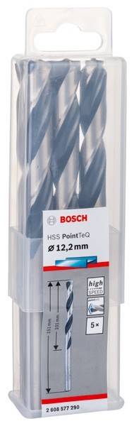 Ein Paket mit der Beschriftung 'Bosch HSS PointTeQ Ø 12,2 mm', das mehrere Metallbohrer enthält, die teilweise durch eine transparente Plastikbox sichtbar sind.
