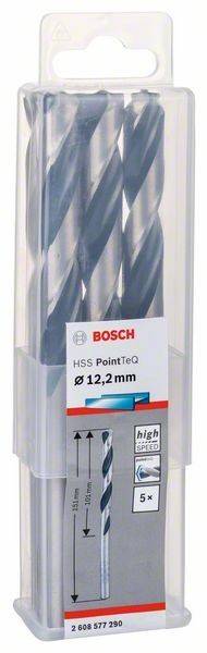 Nahaufnahme einer Bohreretuikette mit der Aufschrift 'Bosch HSS PointTeQ Ø 12,2 mm', die Metallbohrer in einem transparenten Etui präsentiert.