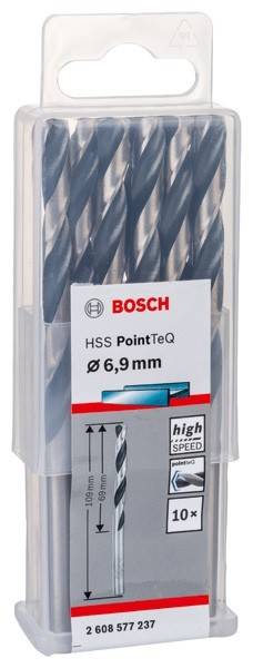 Ein Satz Bosch HSS PointTeq Spiralbohrer, 6,9 mm im Durchmesser, geeignet für Hochgeschwindigkeitsbohren.