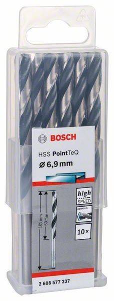 Bosch HSS PointTeq Bohrer-Set, 6,9 mm Durchmesser, präsentiert in einer Plastikbox.