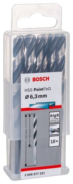 Ein Bosch HSS PointTeQ Bohrersatz, Größe 6,3 mm, mit Geschwindigkeitssymbol, präsentiert in einer transparenten Hülle.