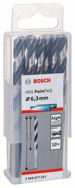 Packung mit Bosch HSS PointTeQ Bohrern, Durchmesser 6,3 mm, mit Abbildung des Bohrers und Geschwindigkeitsanzeige-Symbol.
