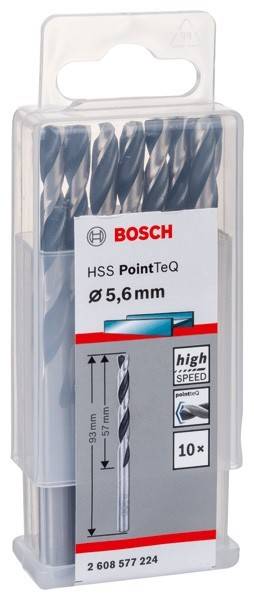 Ein Paket mit Bosch HSS PointTeQ Bohrern, Durchmesser 5,6 mm, in transparenter Verpackung mit blauer und roter Markenbeschriftung.