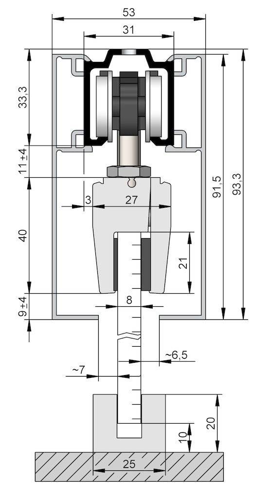Technische Querschnittszeichnung eines mechanischen Bauteils mit beschrifteten Abmessungen einschließlich 93,3, 91,5, 27 und 21. Umfasst Lager und eine Zentralstange.