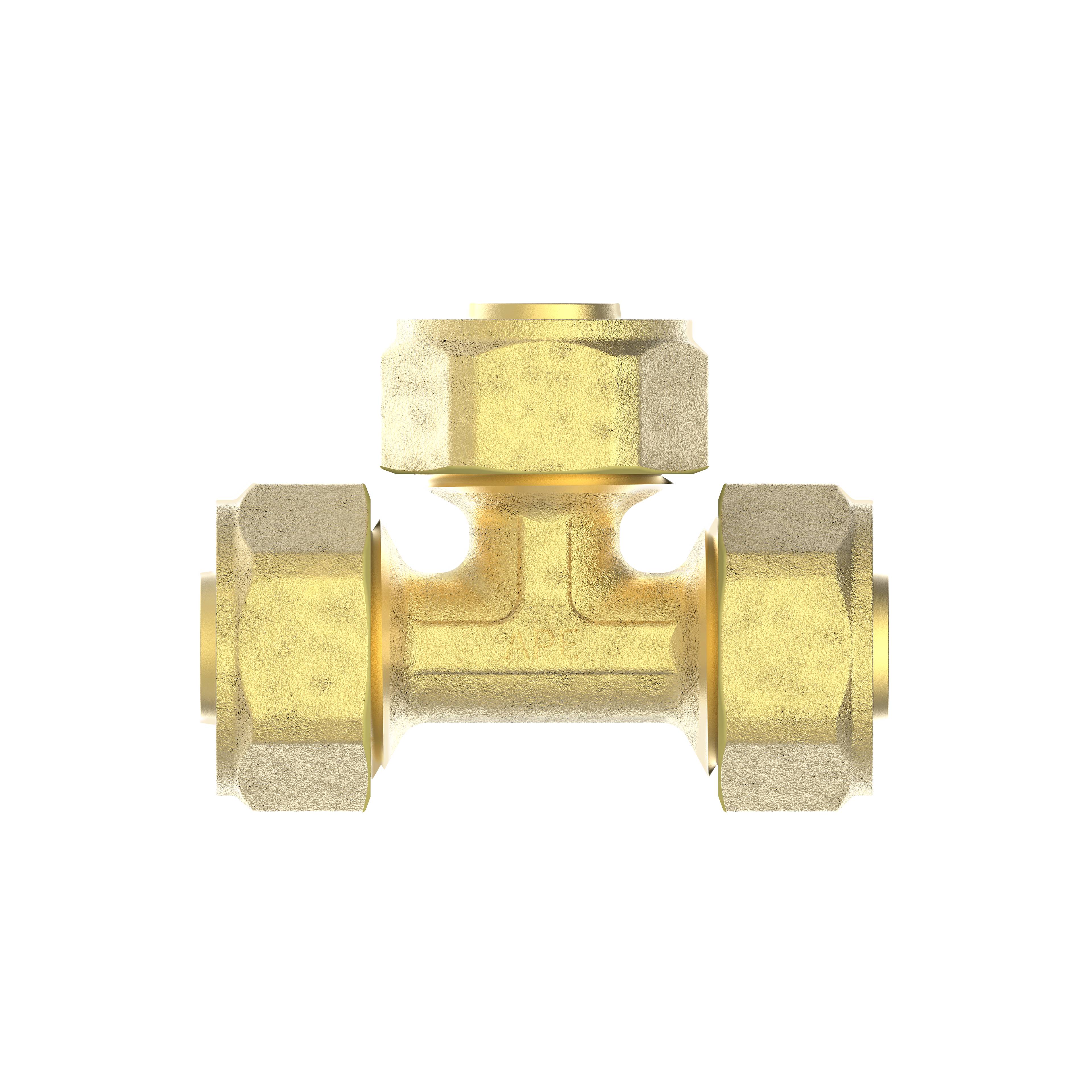 Ein Messingt-förmiger Klempnerfitting mit Gewindeanschlüssen an allen drei Enden, zentriert auf einem schwarzen Hintergrund.