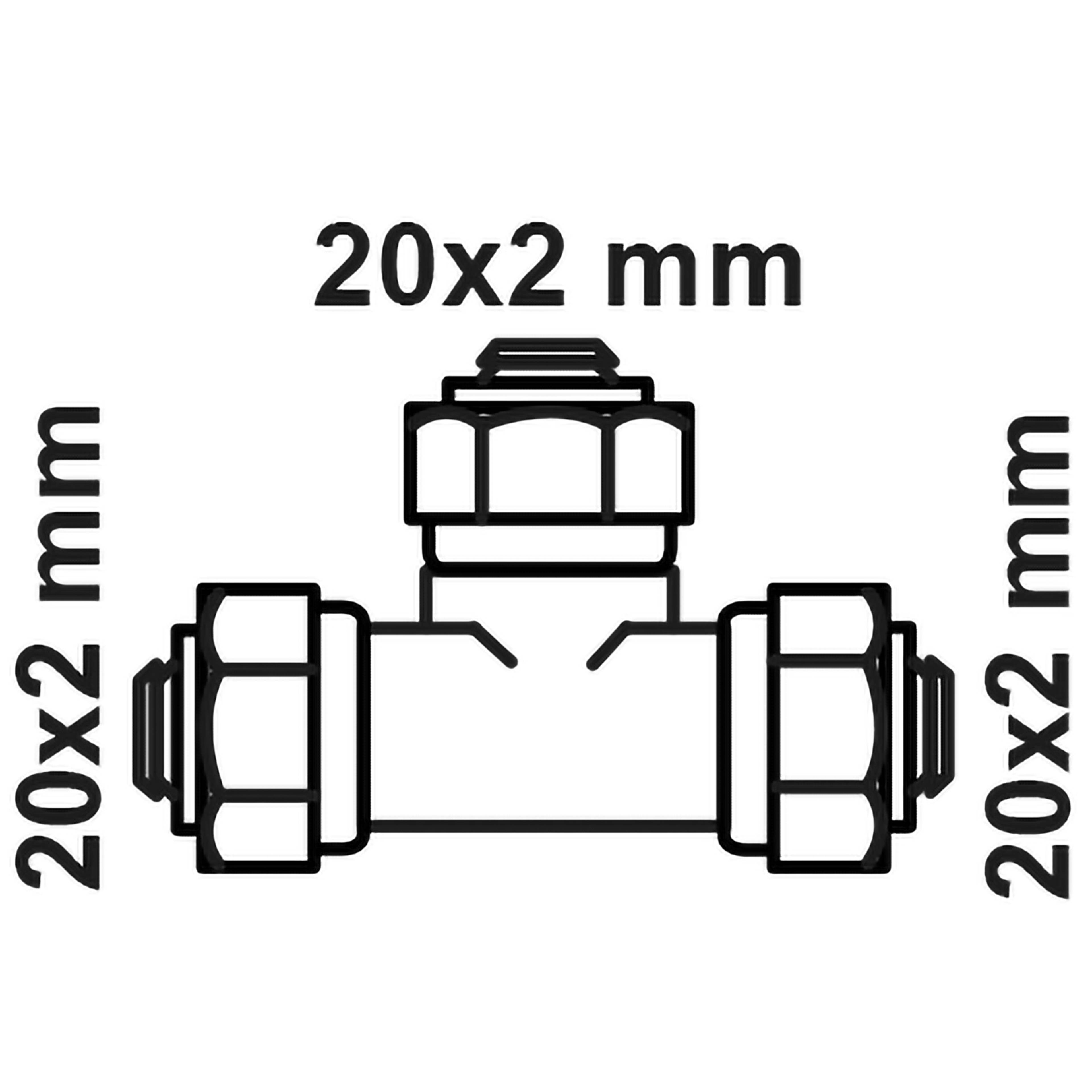T-förmiges Rohrstück mit drei Anschlüssen, wobei jeder mit 20x2 mm beschriftet ist und die Größe angibt.