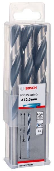 Ein Paket Bosch HSS PointTeQ Bohrer, Größe 12,6 mm, in einer transparenten Kunststoffbox.
