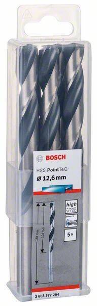 Bosch-Bohrer-Verpackung mit der Bezeichnung 'HSS PointTeQ ø 12,6 mm', die drei metallische Bohrer in einer transparenten Kunststoffbox präsentiert.