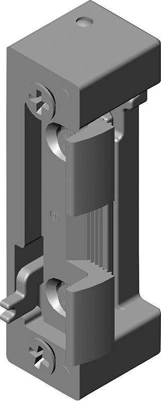 3D-Rendering eines Metallstromverbinderklemmenblocks mit Schraubenbefestigungen und seitlichen Drahtklemmzangen, isoliert auf weißem Hintergrund dargestellt.