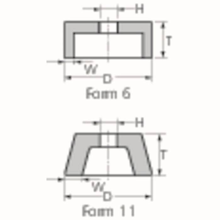 Zwei mechanische Teilediagramme, gekennzeichnet als 'Form 6' und 'Form 11'. Form 6 hat gerade Seiten, während Form 11 geneigte Seiten aufweist. Beide zeigen Maße: Höhe (H), Gesamtbreite (W), Innenbreite (W') und Dicke (T).
