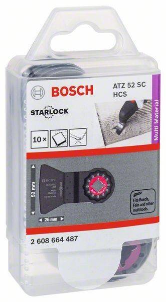 Bosch ATZ 52 SC HCS Produktverpackung zeigt Schrapierklinge, Starlock-Aufnahme, Abmessungen und 'Passt für Bosch, Fein und andere Multitools'.