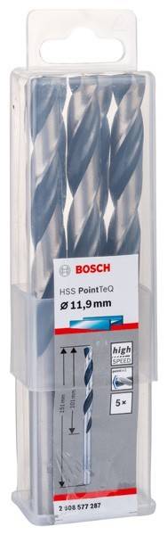 Ein Satz Bosch-Bohrer, gekennzeichnet als 'HSS PointTeQ', mit einer Größe von 11,9 mm, entwickelt für Bohrungen in Hochgeschwindigkeits-Stahl.