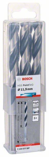 Ein Nahaufnahmebild von Bosch-Bohrern in einer transparenten Hülle, beschriftet mit 'HSS PointTeQ Ø5,9mm', mit 'hochwertig' und Sicherheitssymbolen.