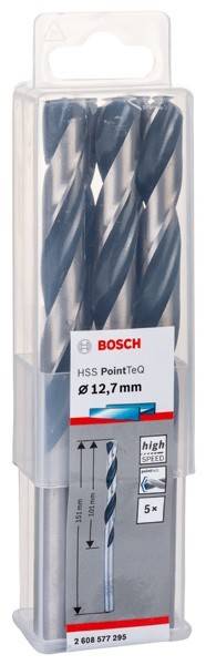 Bohrbitset mit der Aufschrift 'Bosch HSS PointTeq Ø 12,7mm', ausgestattet mit drei Hochgeschwindigkeitsstahl-Bohrern zum Bohren.