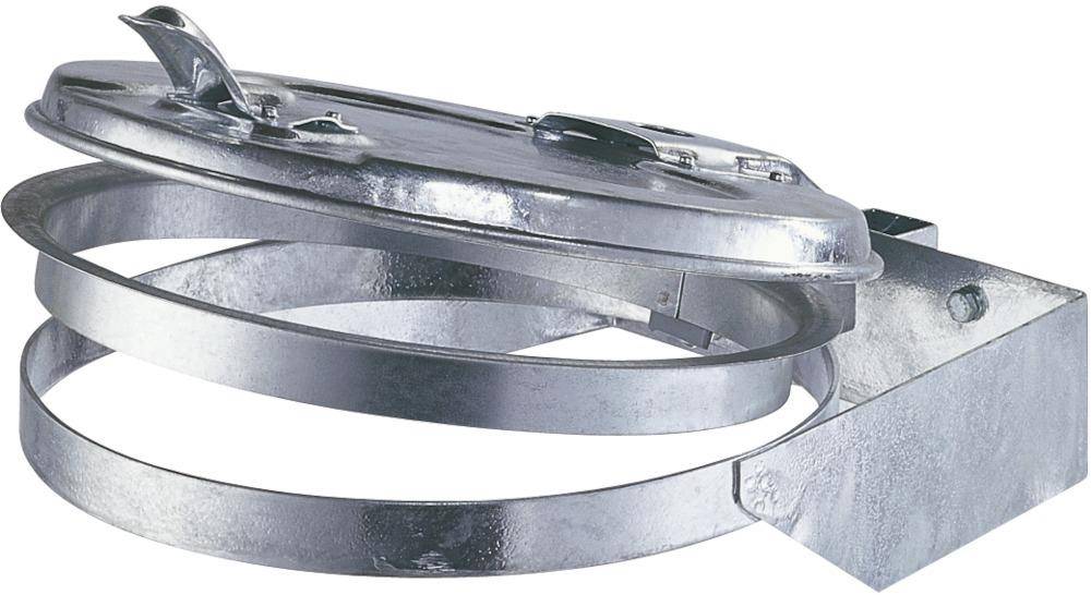 Metallischer Luftkanal-Drosselklappe oder Lüftungsgitter mit verstellbaren kreisförmigen Ringen und einer Hebelbedienung auf einem rechteckigen Befestigungsblock.