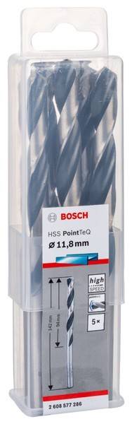 Ein Bosch PointTeQ Bohrersatz, beschriftet mit 'HSS 11,8 mm', präsentiert in einer durchsichtigen Plastikbox.