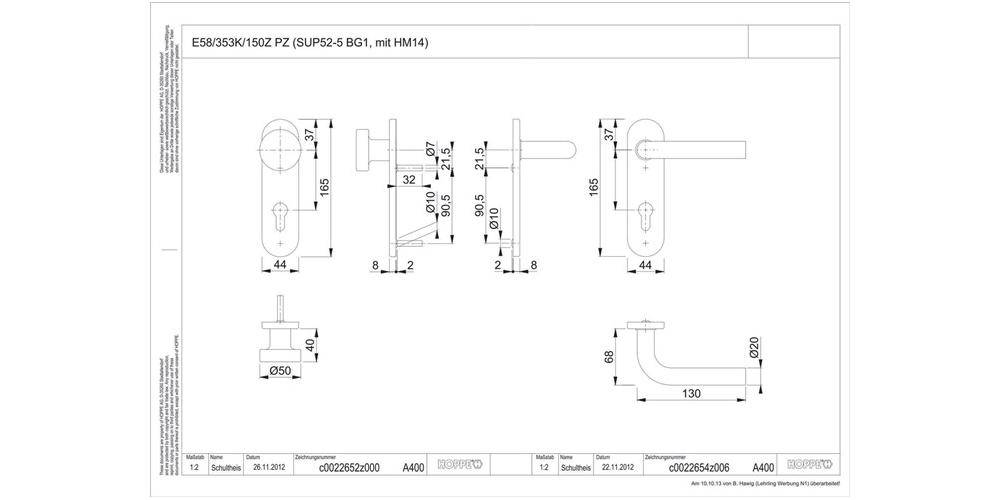HOPPE Kurzschildgarnitur Bonn E58/353K/150Z Vierkantmaß 8mm PZ-72 F69
