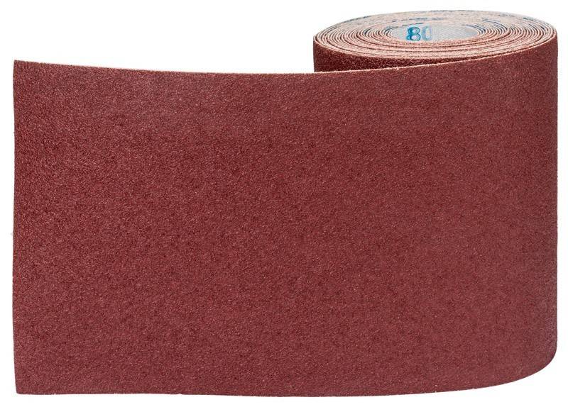Eine Rolle braunes Schleifpapier mit grober Textur, beschriftet mit Körnungsgröße 80, was auf seine Verwendung zur groben Materialentfernung oder für raue Oberflächen hinweist.