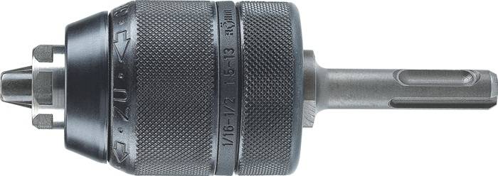 Eine Nahaufnahme eines schwarzen Bohrfutterkopfes, die die Griffigkeit und Größenmarkierungen '1/16-1/2' entlang des äußeren Metallbandes zeigt.