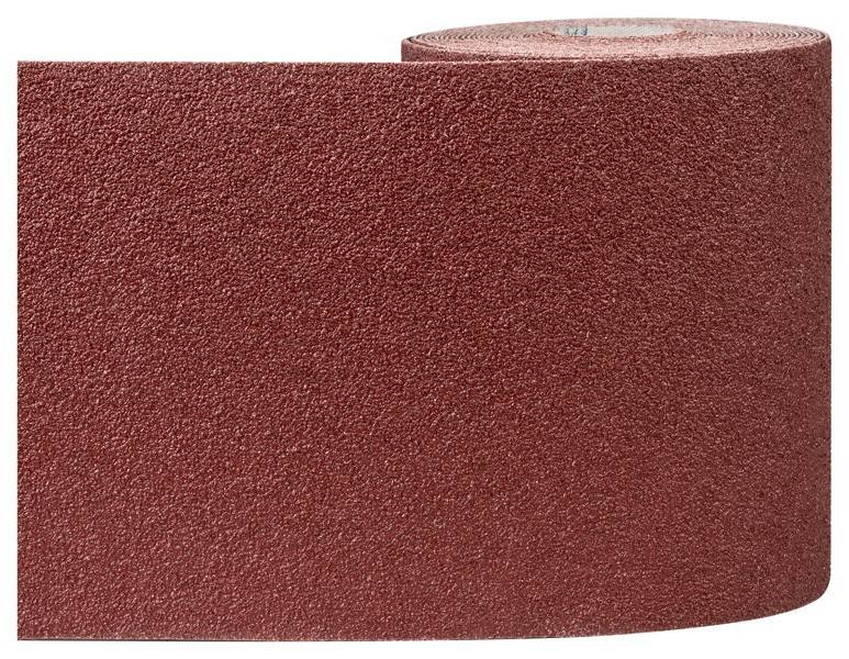 Eine Rolle braunes Schleifpapier wird vor einem weißen Hintergrund gezeigt, wobei ihre grobe, körnige Textur zum Schleifen von Oberflächen hervorgehoben wird.