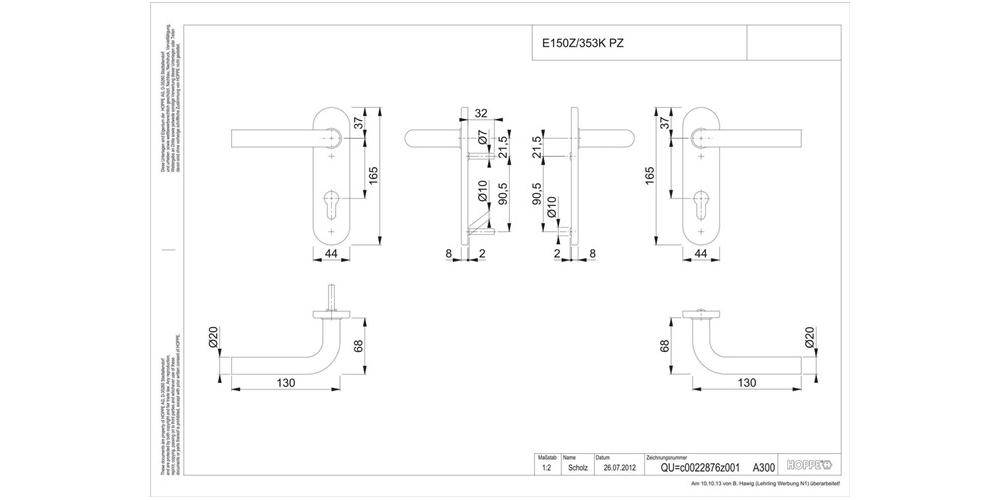HOPPE Kurzschildgarnitur Bonn E150Z/353K Vierkantmaß 8mm PZ-72 F69