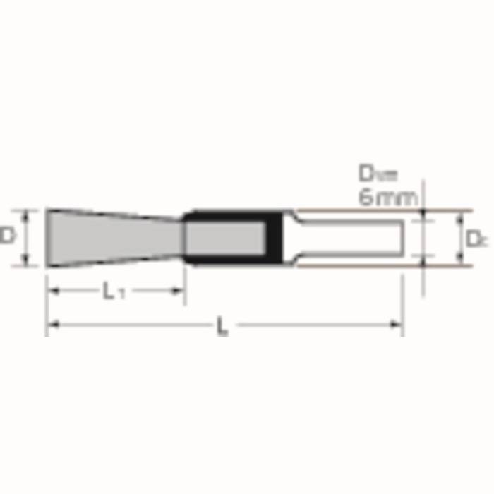 Technische Zeichnung eines Werkzeugs mit beschrifteten Abmessungen: 6 mm Breite. Abschnitte zeigen verschiedene Breiten und Längen, beschriftet mit D, Dx, L und L1.